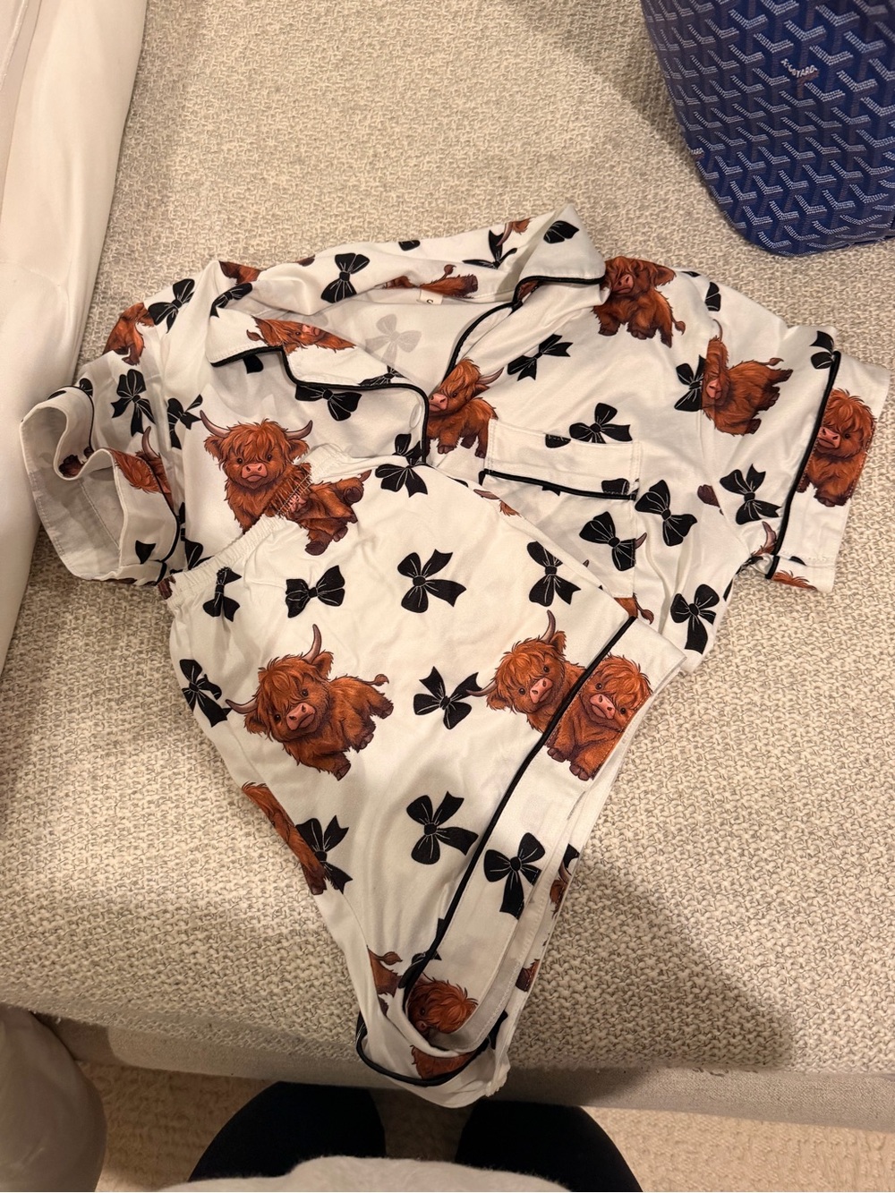 Women's White Short Sleeve Button-Up Top and shortswith Brown Highland Cow Print